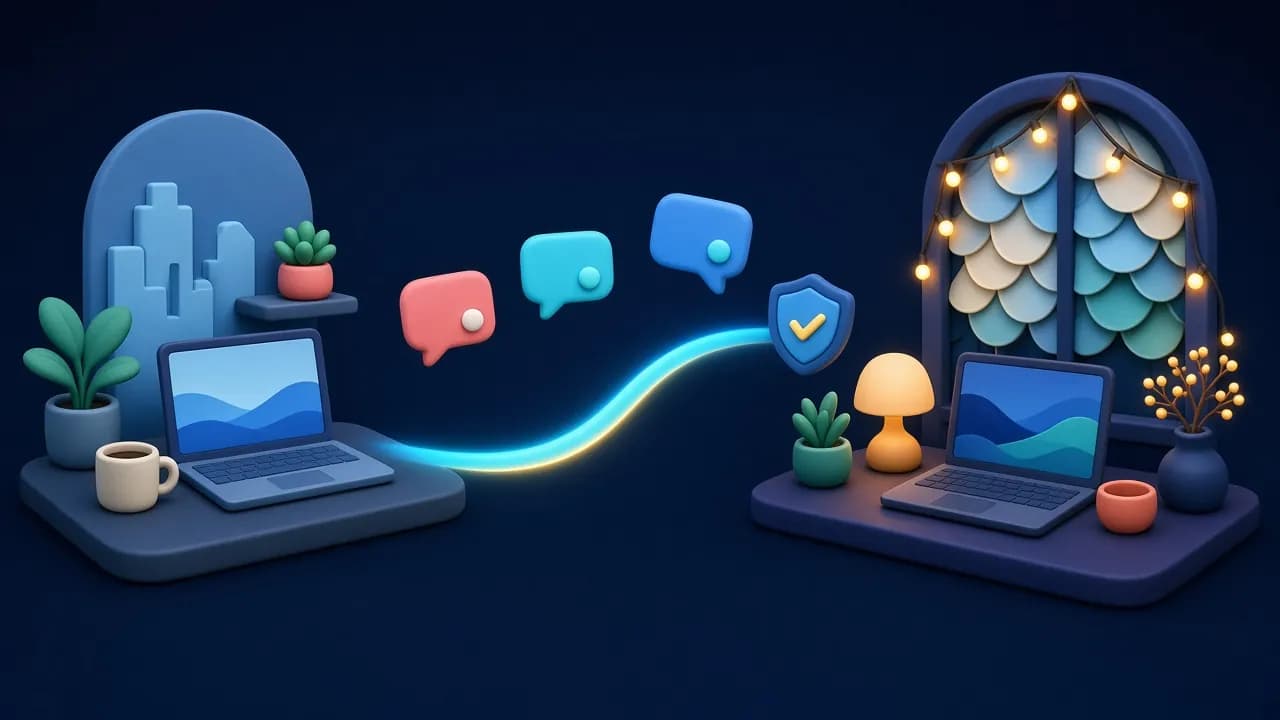 Illustration: a desk in the US and a home workspace in the Philippines joined by a glowing path carrying chat bubbles and a verified shield